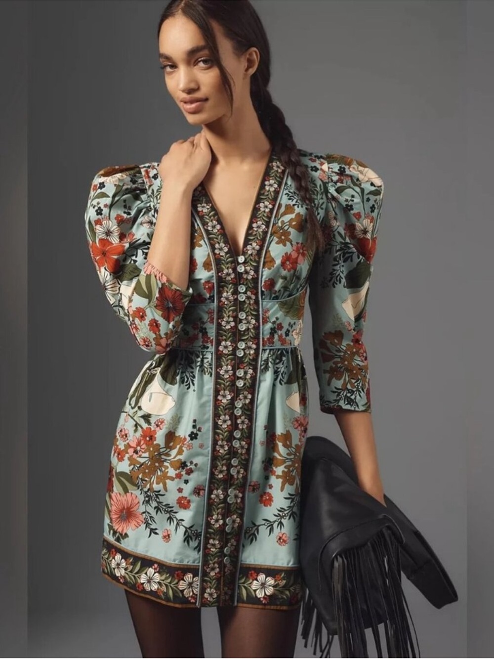 Farm Rio Floral Embroidered Puff-Sleeve Mini Dress - Sage Green xs like new